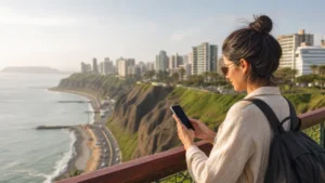 Traveller using a smartphone in Peru for internet peru tourists