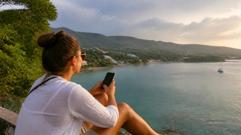 Traveller using a smartphone in Jamaica while staying connected in Port Antonio