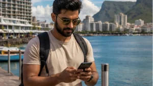 Traveller using a smartphone in Mauritius while researching internet in port louis for tourists