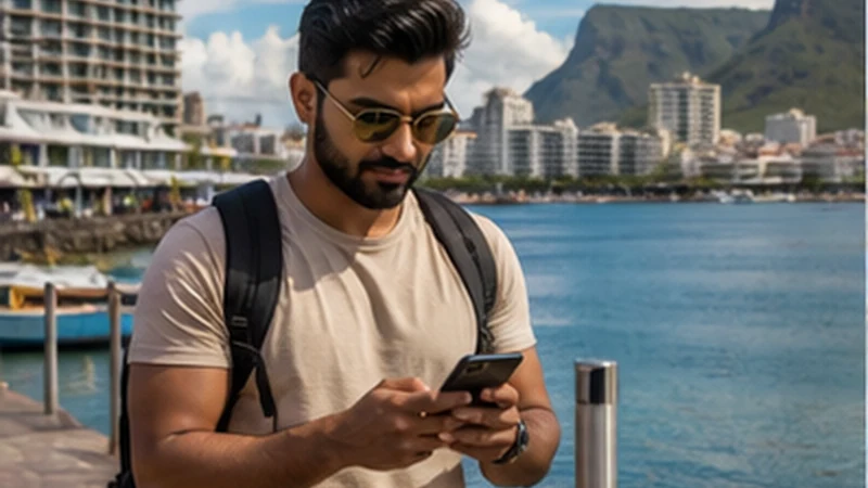 Traveller using a smartphone in Mauritius while researching internet in port louis for tourists