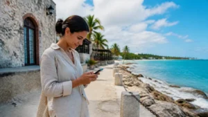 Traveller using a smartphone in the Dominican Republic for internet punta cana tourists