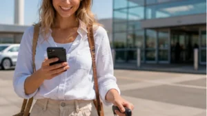 Traveller using a smartphone in Uruguay for internet punta del este airport