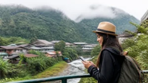 Traveller using a smartphone in Ecuador for internet quito tourists