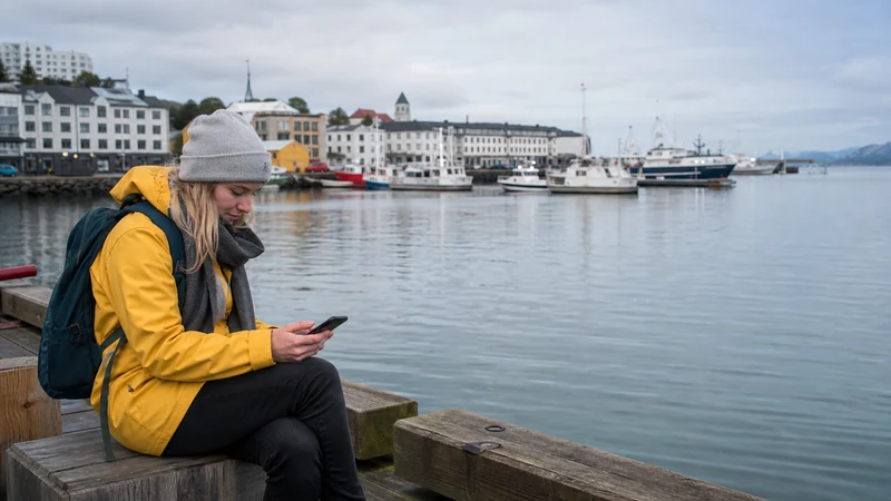 Traveller using a smartphone in Reykjavík