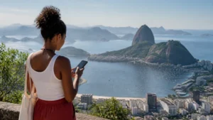 Traveller using a smartphone in Brazil for internet rio de janeiro tourists