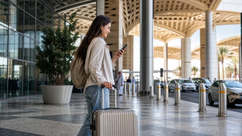 Traveller using mobile internet outside Riyadh airport arrivals.