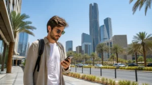 Tourist using mobile data on a modern Riyadh boulevard.