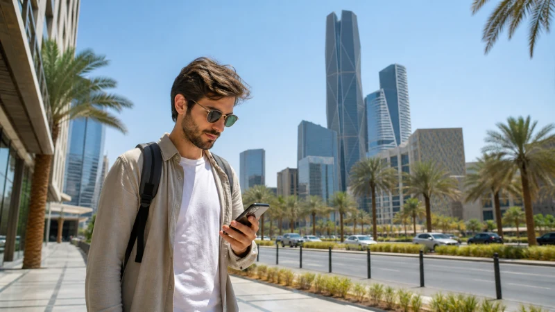 Tourist using mobile data on a modern Riyadh boulevard.