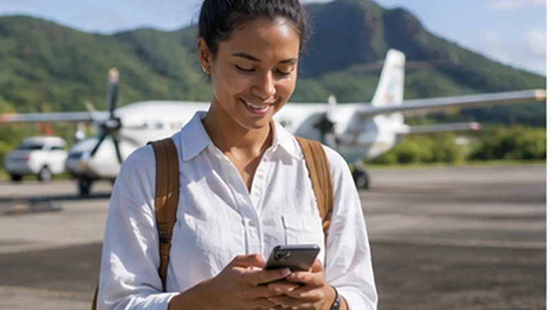 Traveller using a smartphone in Mauritius while researching mobile internet at rodrigues airport