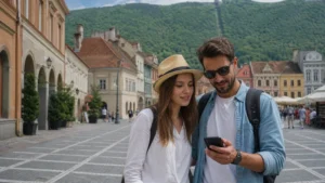 Traveller using a smartphone during internet in romania for tourists in Romania.