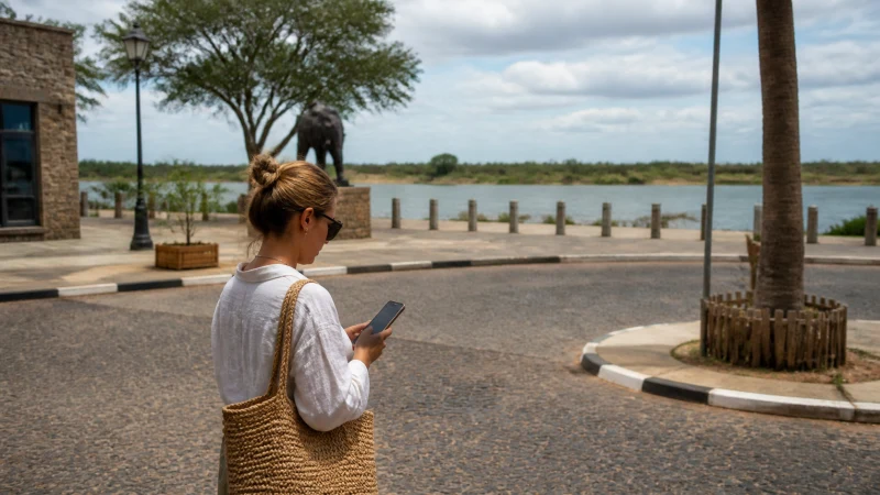 Traveller using a smartphone in Namibia while staying connected in Rundu