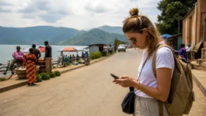 Traveller using a smartphone on a street in Rusizi Rwanda