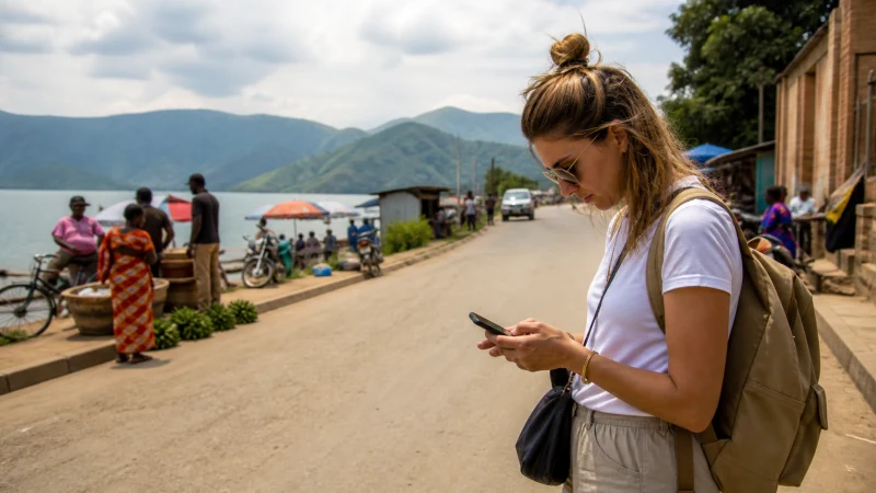 Traveller using a smartphone on a street in Rusizi Rwanda