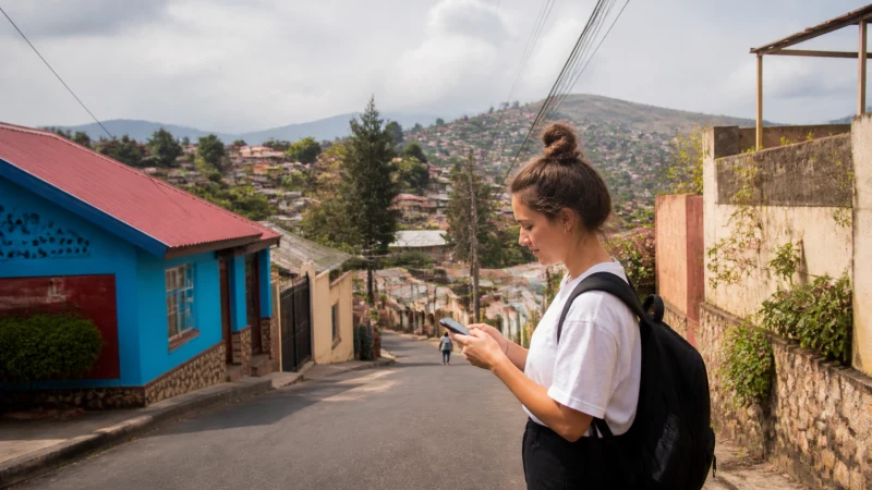 Traveller using a smartphone in Rwanda