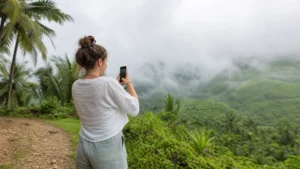 Traveller using a smartphone during visitor in green-season Salalah