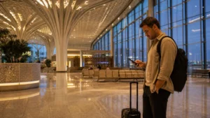 Traveller using a smartphone inside Samarkand International Airport.