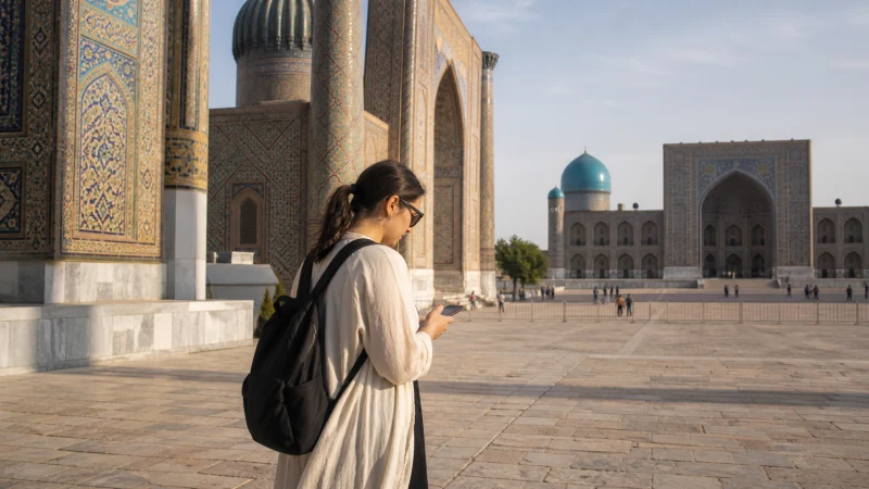 Tourist using a smartphone near the Registan in Samarkand