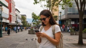 Traveller using a smartphone in Costa Rica for how visitors can stay connected in san josé