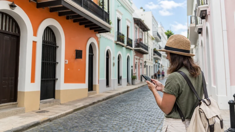 Traveller using a smartphone in Puerto Rico while staying connected in San Juan