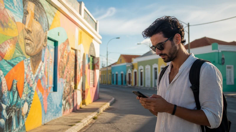 Traveller using a smartphone near colourful murals in San Nicolas Aruba