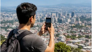 Traveller using a smartphone in El Salvador while researching internet in san salvador for tourists