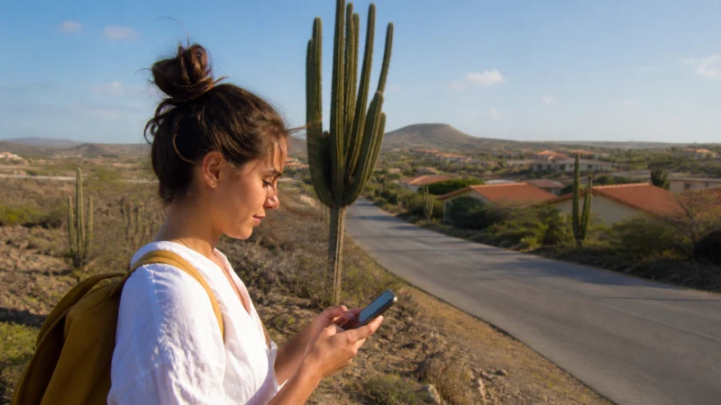 Traveller checking a smartphone in Santa Cruz Aruba