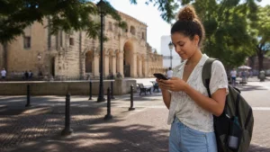 Traveller using a smartphone in the Dominican Republic for internet santo domingo tourists