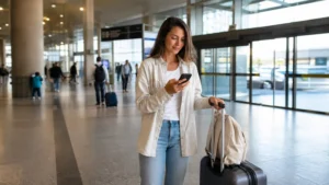 Traveller using a smartphone in Brazil for internet sao paulo guarulhos airport