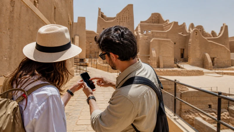 Tourists using mobile navigation among the historic buildings of Diriyah.