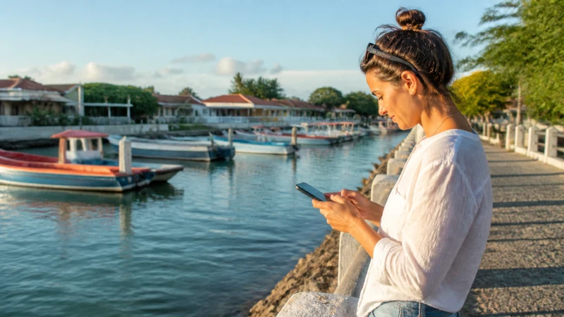 Traveller using mobile internet by the quiet coast of Savaneta Aruba