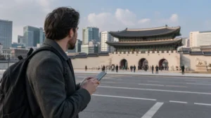 Traveller using mobile navigation in central Seoul