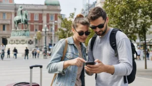 Tourists using smartphone navigation in central Belgrade.