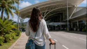 Traveller using mobile internet at Seychelles International Airport