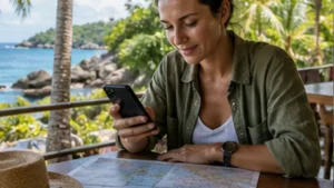 Traveller using a smartphone in Seychelles while researching internet connectivity
