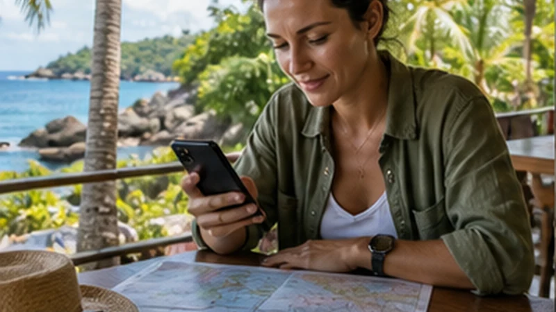 Traveller using a smartphone in Seychelles while researching internet connectivity