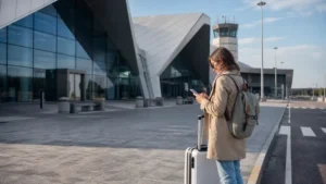 Traveller using airport connectivity for getting internet at Shirak Airport in Armenia