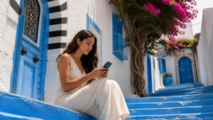 Traveller using a smartphone for Internet Sidi Bou Said in Tunisia