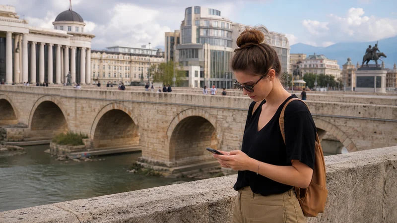 Traveller using a smartphone during mobile internet in skopje in North Macedonia.