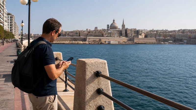 Traveller using a smartphone beside Sliema’s waterfront