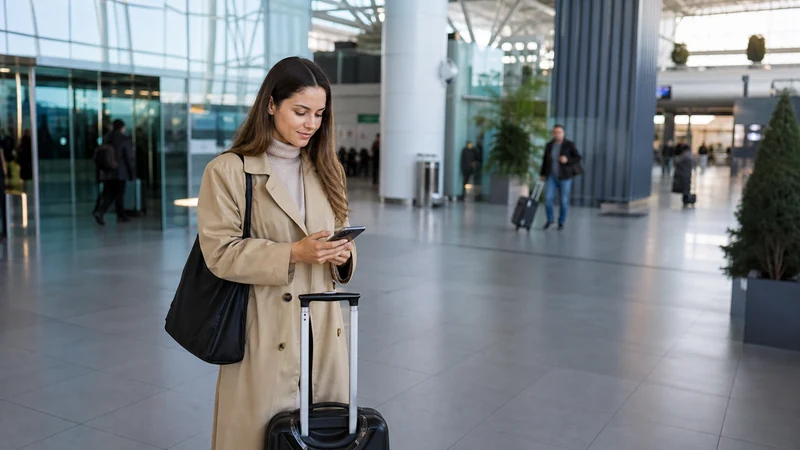 Traveller checking a smartphone in the arrivals hall at Sofia Airport