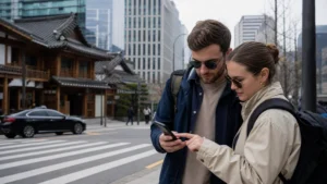 Tourist using mobile navigation in central Seoul