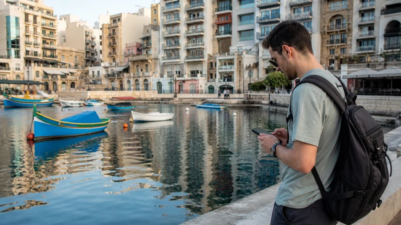 Traveller checking a smartphone near St Julian’s waterfront