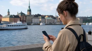 Traveller using a smartphone while preparing for internet in stockholm for tourists