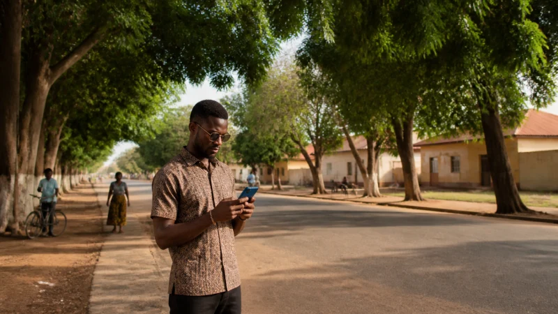 Traveller checking a smartphone on a shaded avenue in Sunyani