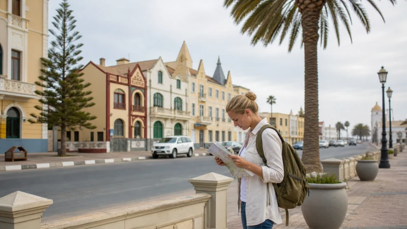 Traveller using a smartphone in Namibia while staying connected in Swakopmund