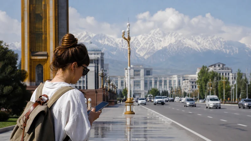 Traveller using a smartphone for internet in tajikistan for tourists: esim, sim and wi-fi