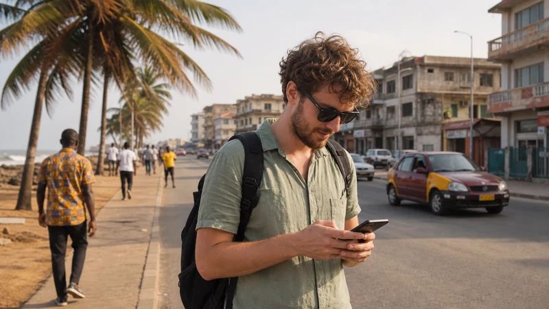 Traveller checking a smartphone on a palm-lined street in Takoradi