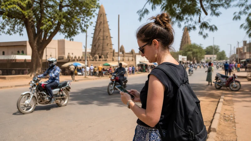 Traveller using a smartphone on a broad street in Tamale