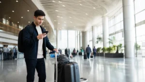 Arriving traveller using a smartphone at Tashkent International Airport.