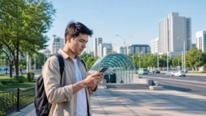 Tourist using a smartphone on a Tashkent boulevard